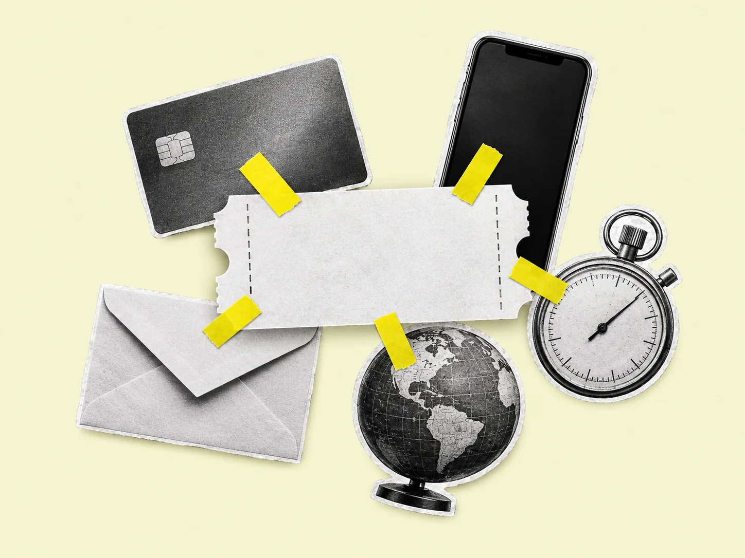 Five clues—a payment card, phone, envelope, globe and stopwatch—connected to one trial ticket with yellow paper strips.