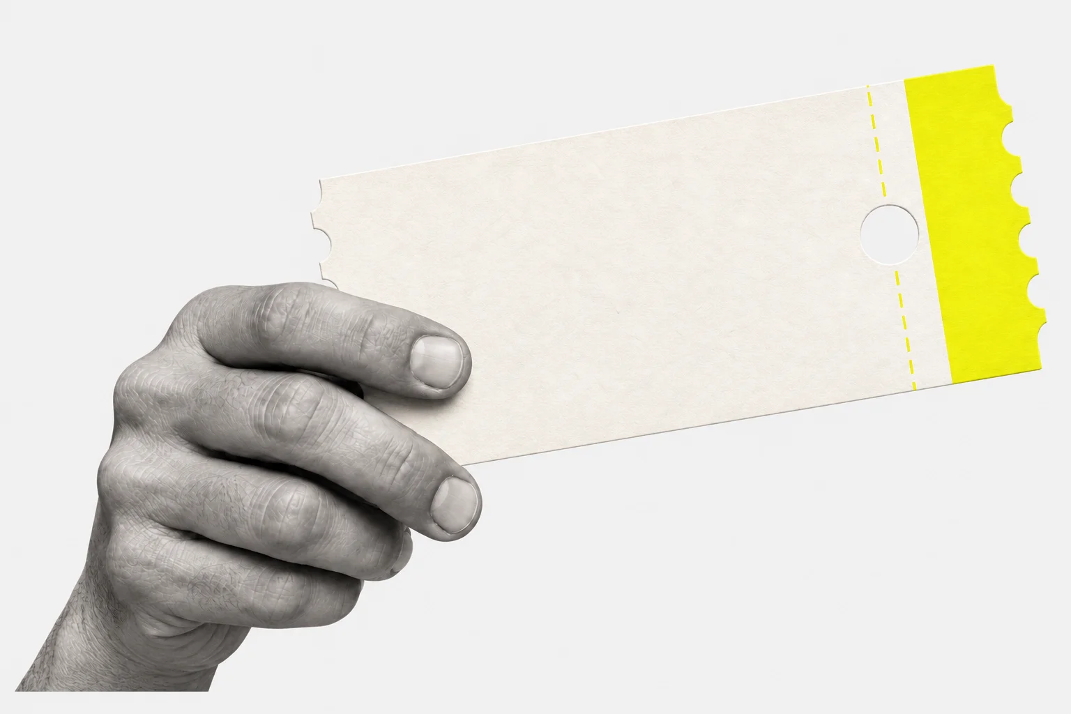 A hand offering one yellow free-trial ticket.