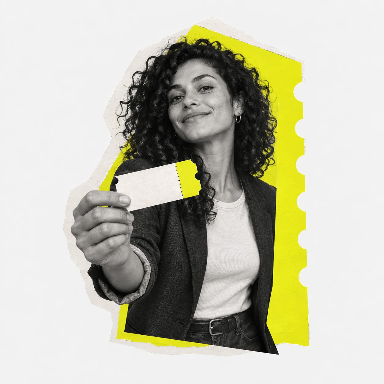 A customer holding her first free-trial ticket, framed in yellow.